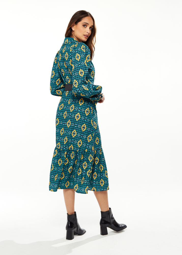 Liquorish African print midi dress with 3/4 length sleeve & tiered skirt detail in green, yellow & navy