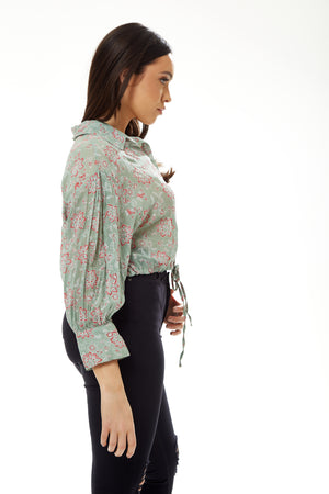 Liquorish Floral Print Crop Shirt in Mint Green