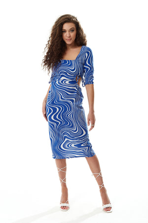 Liquorish Marble Print Jersey Midi Dress with Cut Out Details in Blue