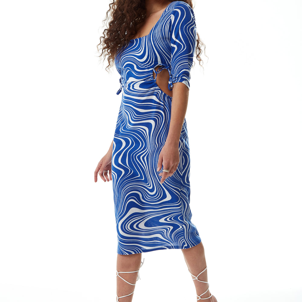 
                  
                    Liquorish Marble Print Jersey Midi Dress with Cut Out Details in Blue
                  
                