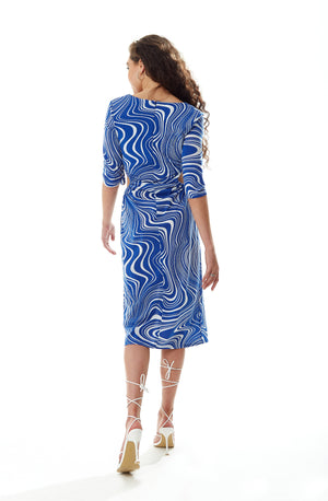 Liquorish Marble Print Jersey Midi Dress with Cut Out Details in Blue