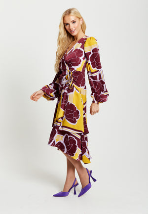 Liquorish Geometric Floral Print Midi Wrap Dress In Mustard And Burgundy