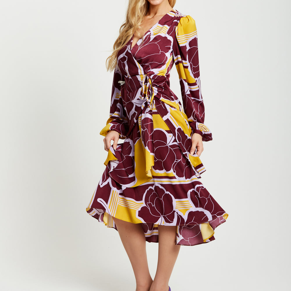 
                  
                    Liquorish Geometric Floral Print Midi Wrap Dress In Mustard And Burgundy
                  
                