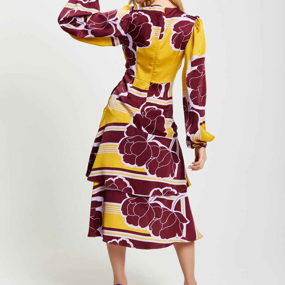 
                  
                    Liquorish Geometric Floral Print Midi Wrap Dress In Mustard And Burgundy
                  
                
