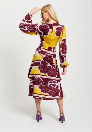 Liquorish Geometric Floral Print Midi Wrap Dress In Mustard And Burgundy