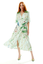 Liquorish Bird Print Maxi Wrap Dress in Mint Green with Green Lace Details
