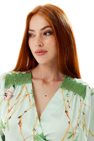 Liquorish Bird Print Maxi Wrap Dress in Mint Green with Green Lace Details