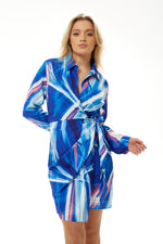 Liquorish Graphic Print Mini Wrap Dress in Blue