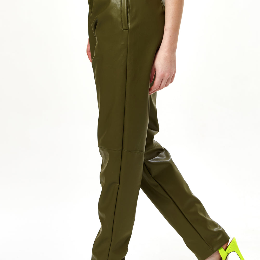 
                  
                    Liquorish Tapered Leather Look Trousers with Pleated Detail in Khaki
                  
                