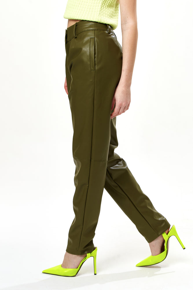 Liquorish Tapered Leather Look Trousers with Pleated Detail in Khaki
