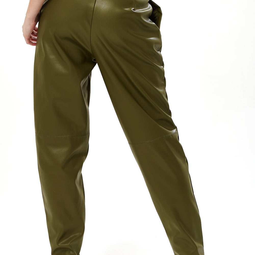 
                  
                    Liquorish Tapered Leather Look Trousers with Pleated Detail in Khaki
                  
                