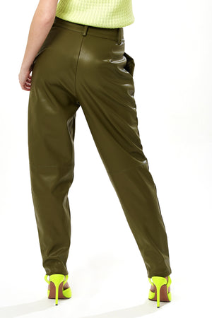 Liquorish Tapered Leather Look Trousers with Pleated Detail in Khaki