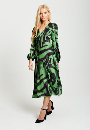 Liquorish Zebra Print Midi Dress In Green And Black