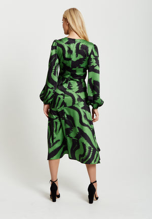 Liquorish Zebra Print Midi Dress In Green And Black