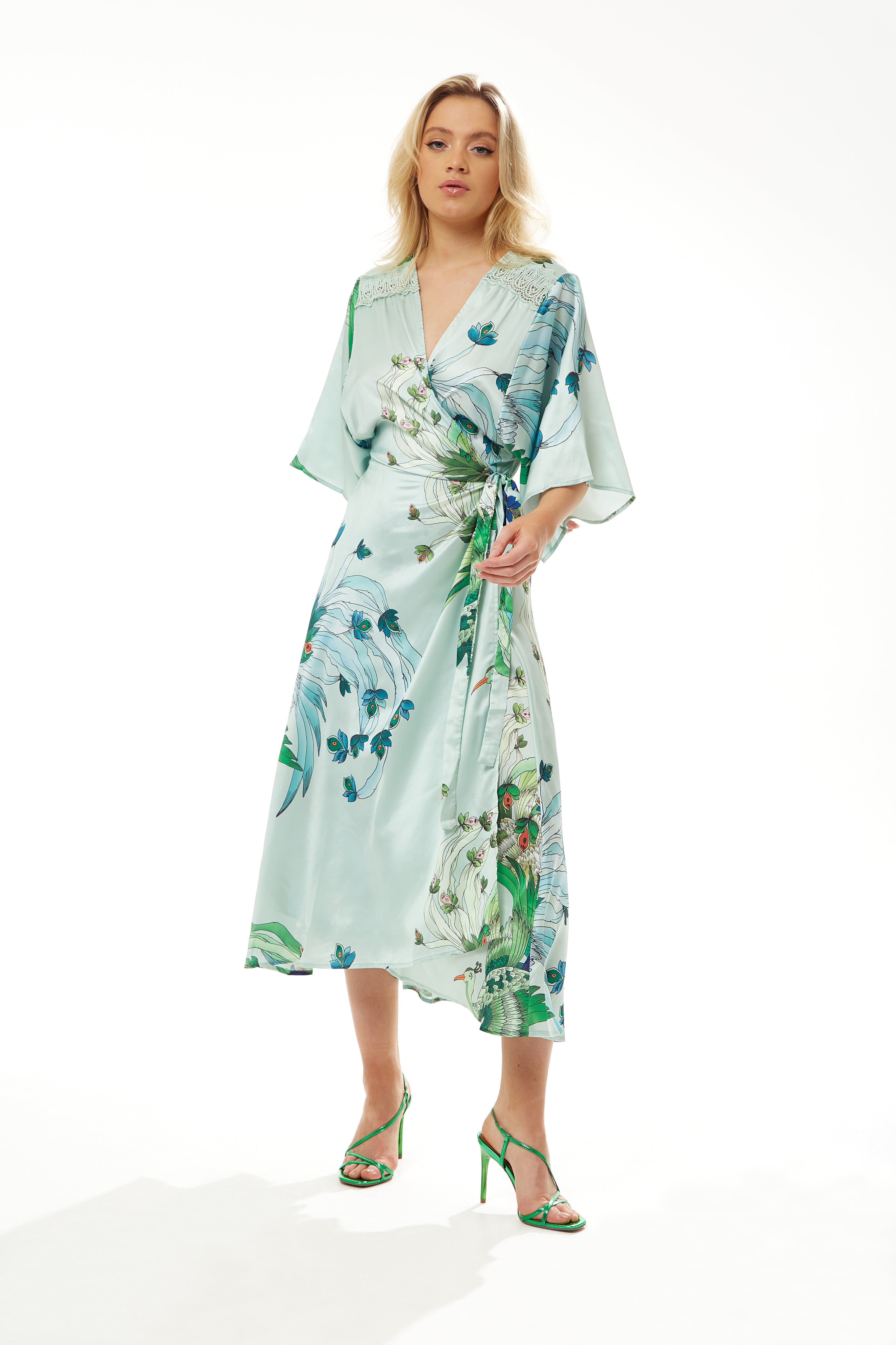 Liquorish Mint Green Bird And Floral Wrap Maxi Dress With Lace Details ...