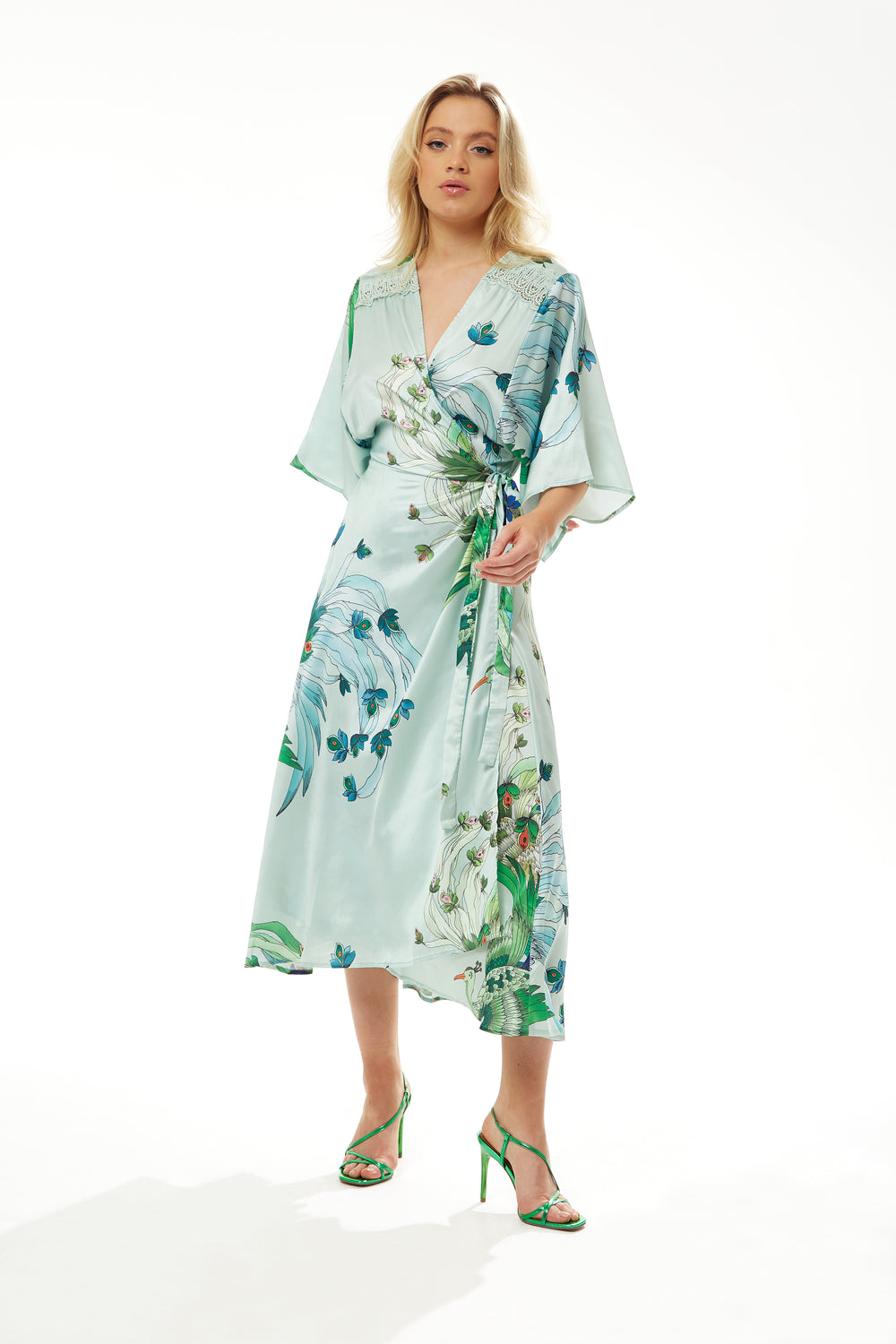 Liquorish Mint Green Bird And Floral Wrap Maxi Dress With Lace Details