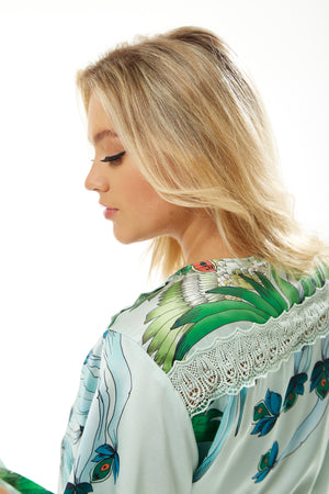 Liquorish Mint Green Bird And Floral Wrap Maxi Dress With Lace Details