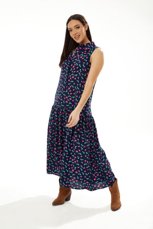 Liquorish Oversized Cherry Print Maxi Dress in Navy