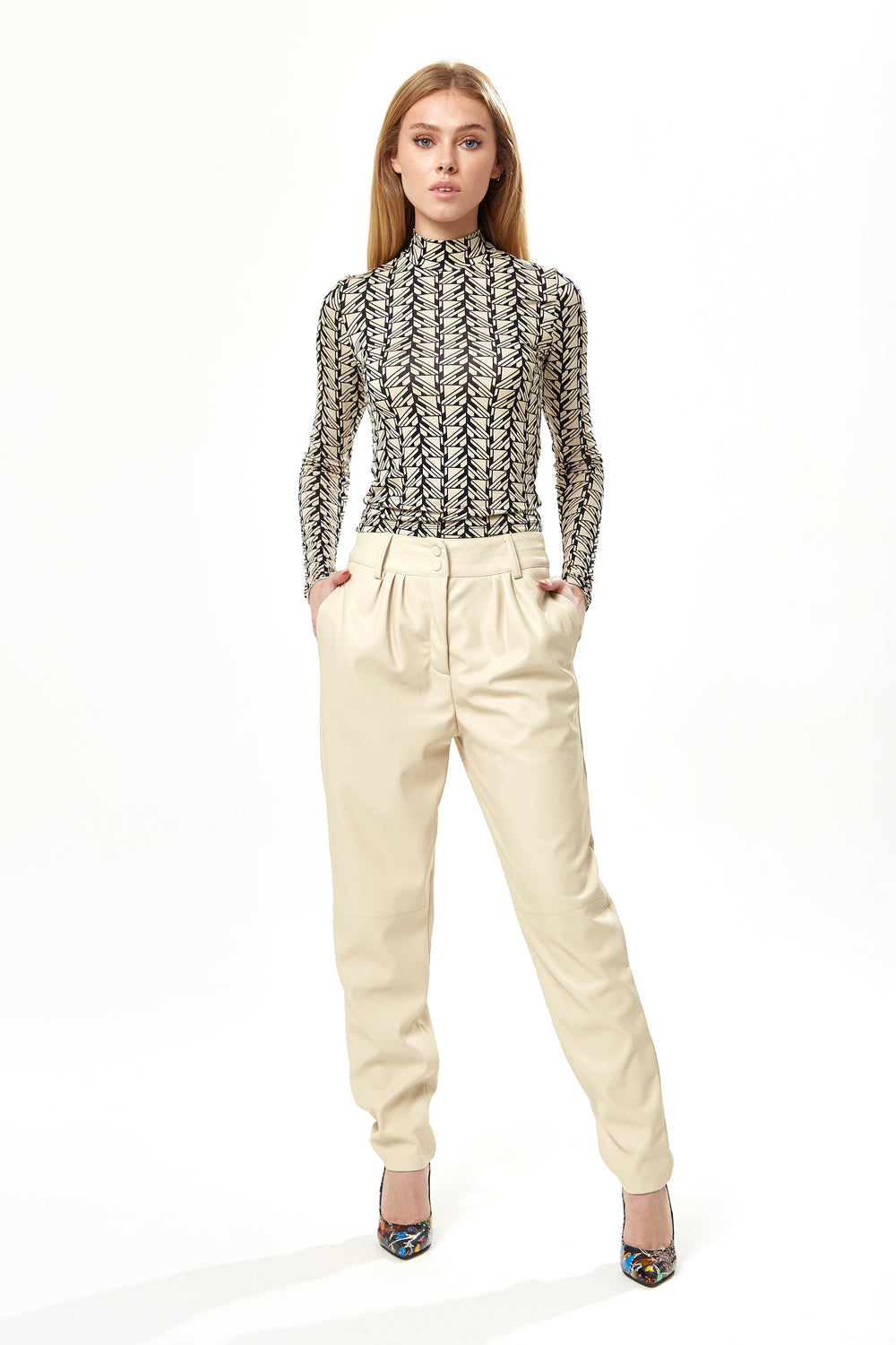 Liquorish Tapered Leather Look Trousers with Pleated Detail in Cream