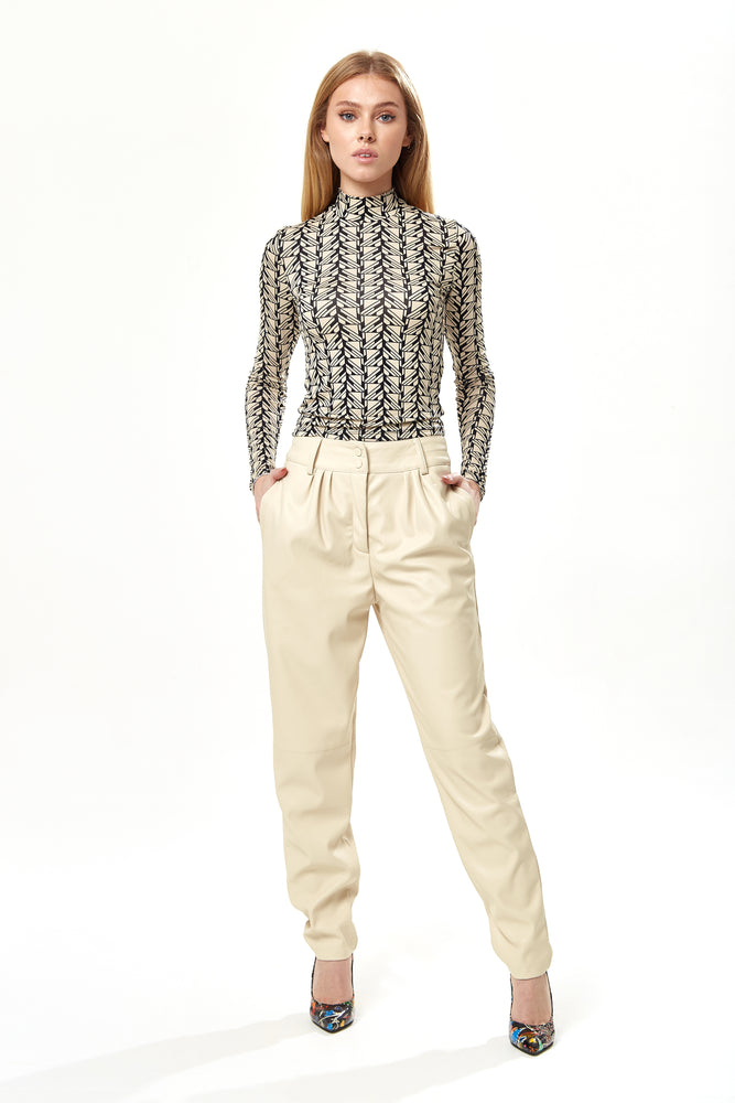 Liquorish Tapered Leather Look Trousers with Pleated Detail in Cream