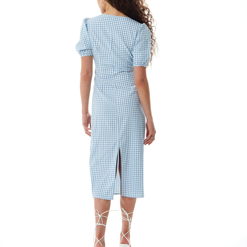 
                  
                    Liquorish Gingham Cut out front Midi Dress in Blue and White
                  
                