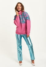 Liquorish Animal Pattern Roll Neck Jumper In Pink And Turquoise