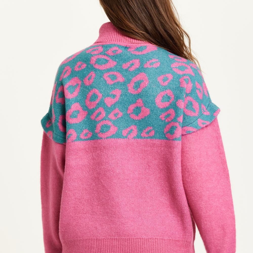 
                  
                    Liquorish Animal Pattern Roll Neck Jumper In Pink And Turquoise
                  
                