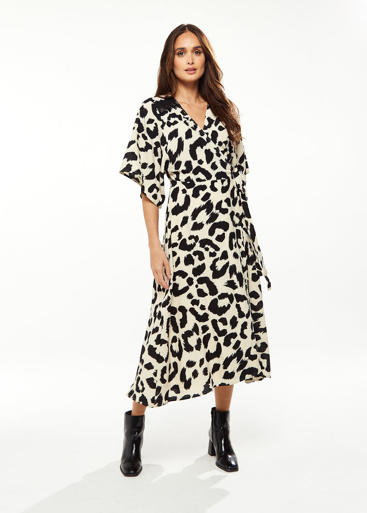 Liquorish Animal Print Maxi Wrap Dress with Kimono sleeves in White