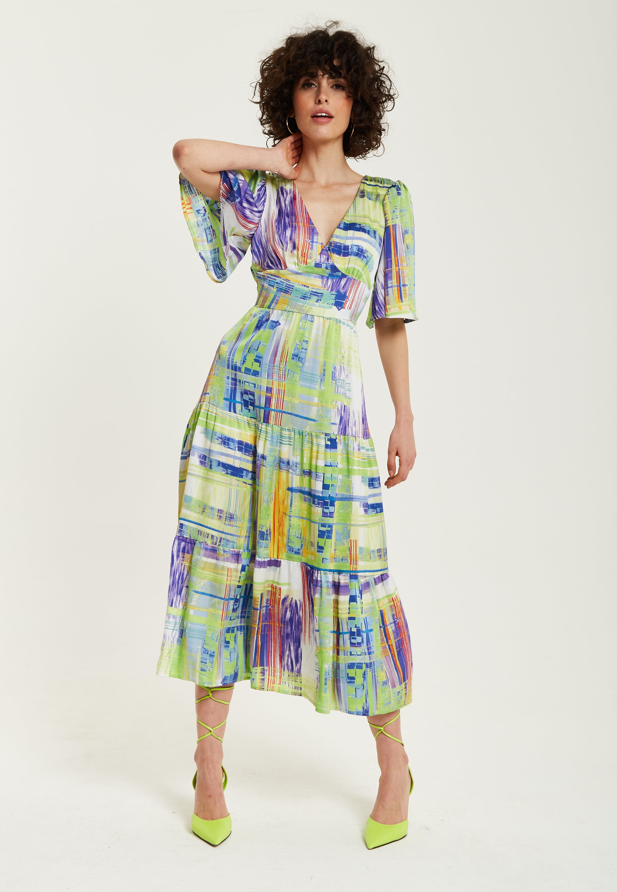 Women s Midi Dress in Green with Short Kimono Sleeves and V Neck Abs Liquorish Online