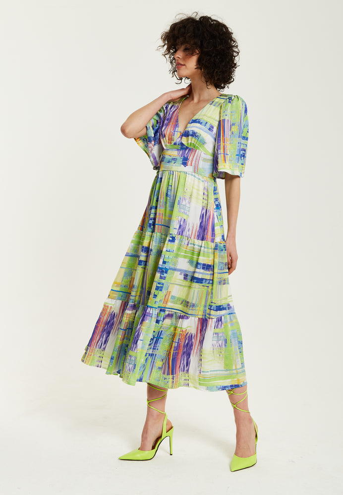 Liquorish Green Abstract Print Midi Dress with Short Sleeves