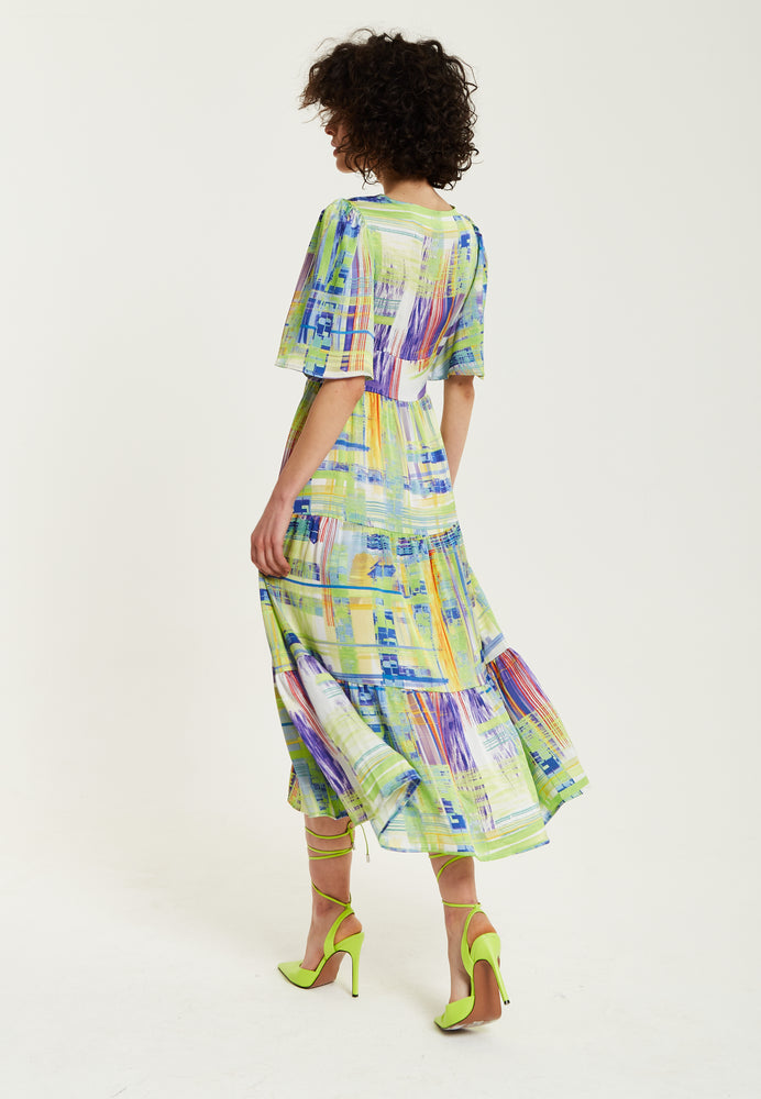 Liquorish Green Abstract Print Midi Dress with Short Sleeves