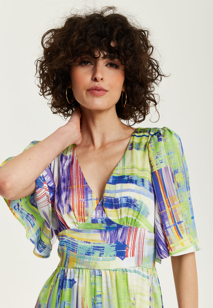 Liquorish Green Abstract Print Midi Dress with Short Sleeves