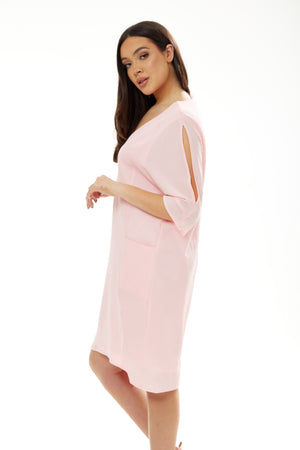 Divine Grace Pink Relaxed Fit Midi Dress With Pockets