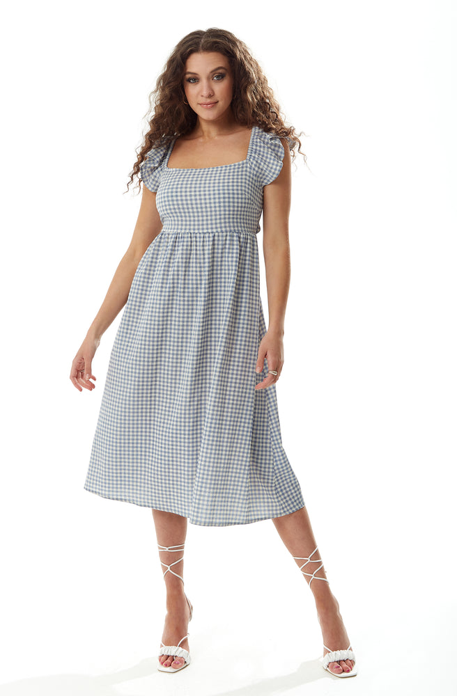 Liquorish Cut out back Midi Dress in Blue and Cream Gingham