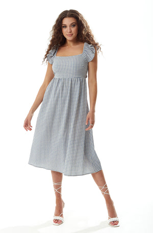Liquorish Cut out back Midi Dress in Blue and Cream Gingham