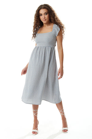 Liquorish Cut out back Midi Dress in Blue and Cream Gingham