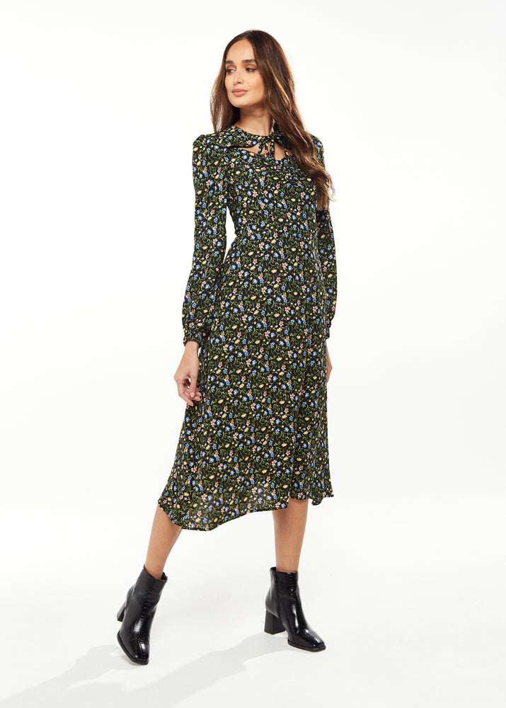Liquorish Black Floral Print Midi Dress With Lurex And Neck Detail