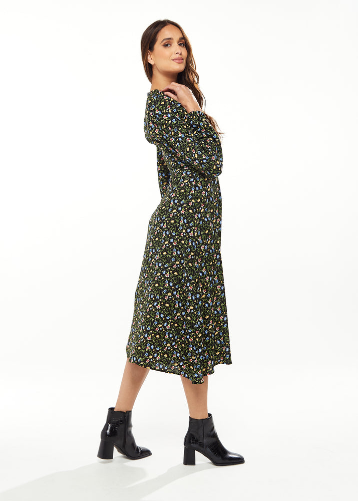 Liquorish Black Floral Print Midi Dress With Lurex And Neck Detail