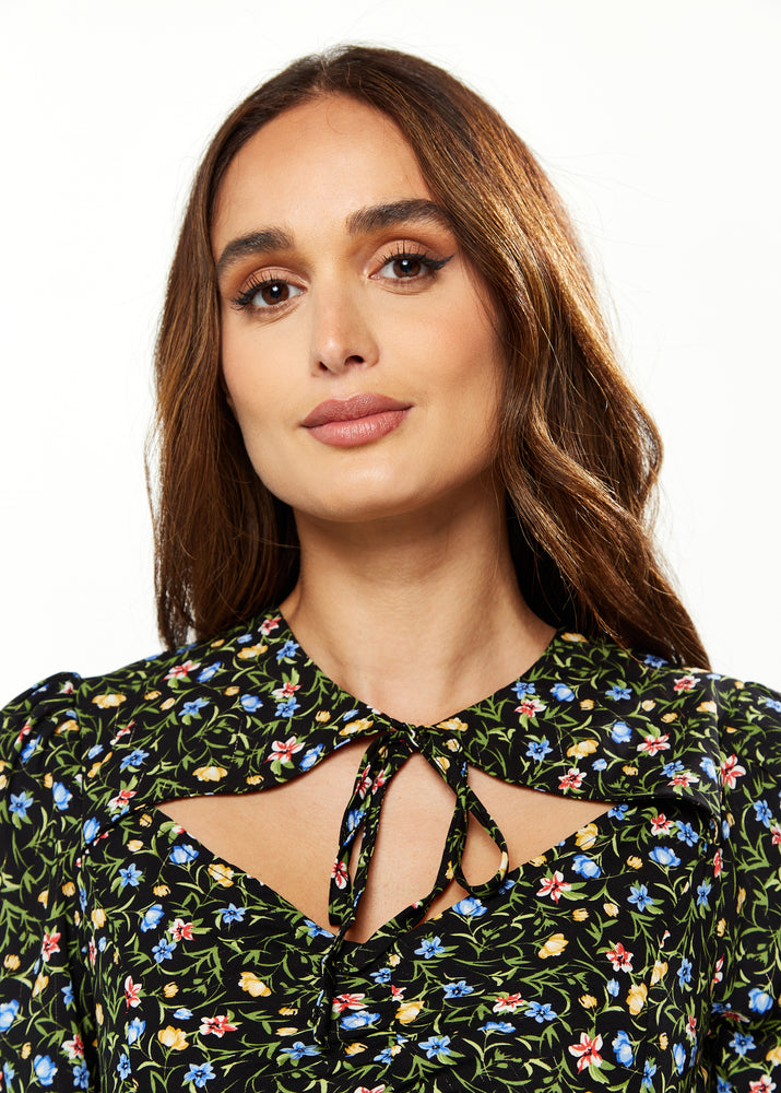 Liquorish Black Floral Print Midi Dress With Lurex And Neck Detail