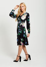 Liquorish Elegant Floral Print Midi Wrap Dress In Black