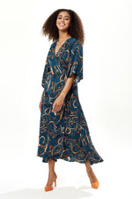 Liquorish Scribble Print Maxi Wrap Dress With Kimono Sleeves In Dark Green