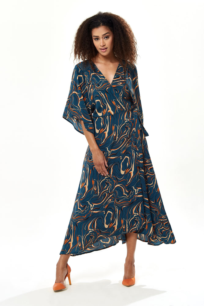 Liquorish Scribble Print Maxi Wrap Dress With Kimono Sleeves In Dark Green