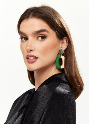 Divine Grace Square Hoops with Disc Detail in Green & White