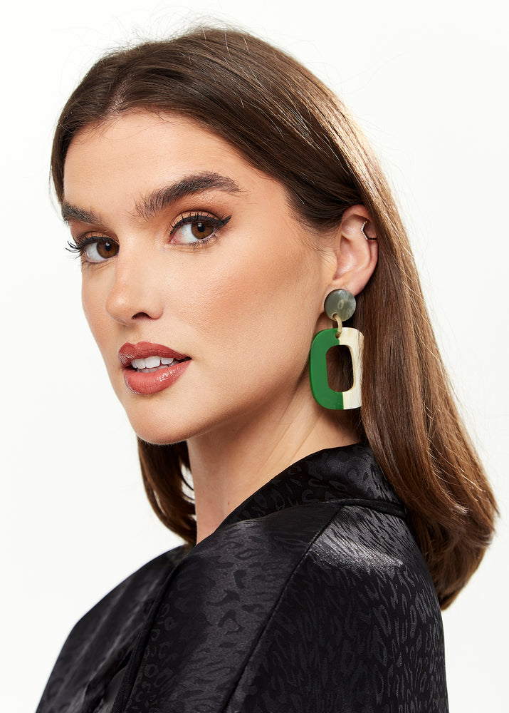 Divine Grace Square Hoops with Disc Detail in Green & White