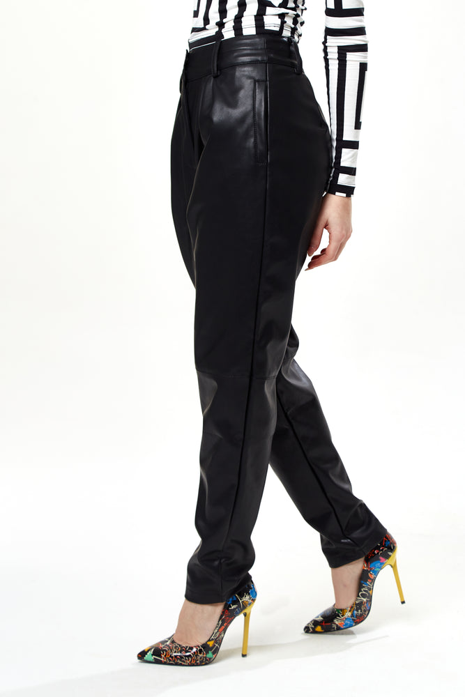 Liquorish Tapered Leather Look Trousers with Pleated Detail in Black