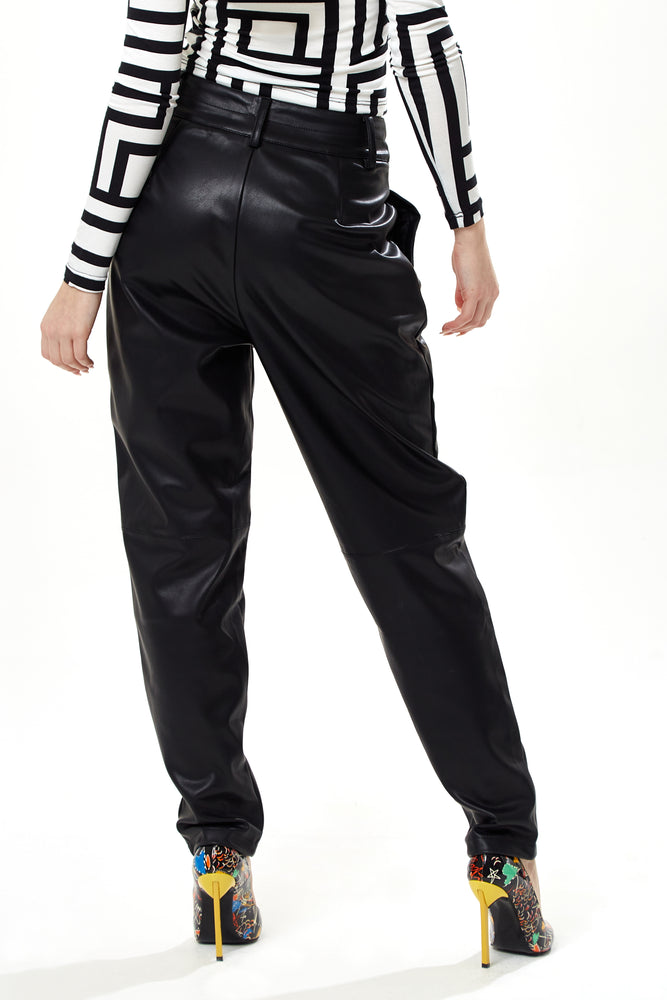 Liquorish Tapered Leather Look Trousers with Pleated Detail in Black