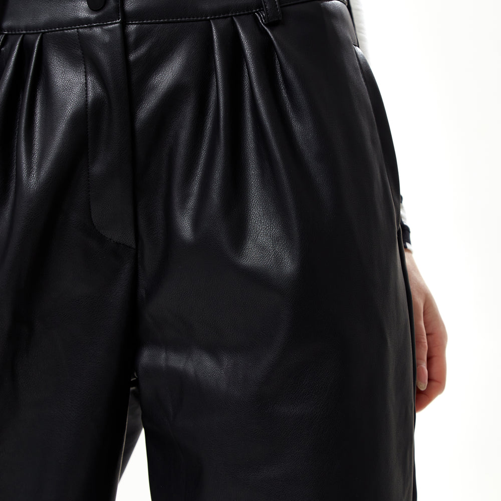 
                  
                    Liquorish Tapered Leather Look Trousers with Pleated Detail in Black
                  
                