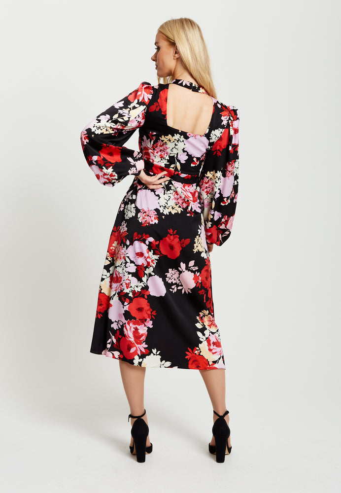 Liquorish Rose Print Midi Wrap Dress With Open Back Detail