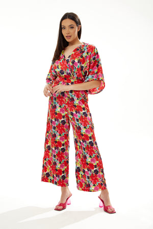 Liquorish Red Floral Jumpsuit with Short Sleeves