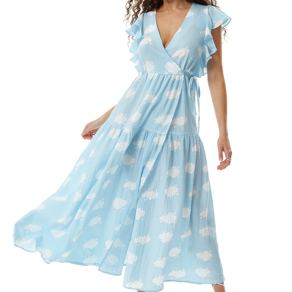 
                  
                    Liquorish Cloud Print Midi Wrap Dress with Frill Sleeves in Blue
                  
                